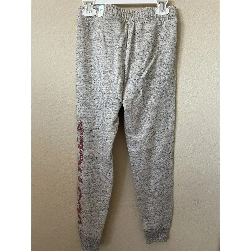 Justice Gray Rose Gold Sparkle Logo Mid Rise Full Length Joggers Pants Size 8